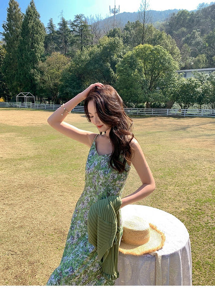 Summer Women Fresh Green Floral Dye Printed High End V Neck Waist Strap Sling Long Skirt Sunlight Dress