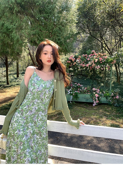 Summer Women Fresh Green Floral Dye Printed High End V Neck Waist Strap Sling Long Skirt Sunlight Dress