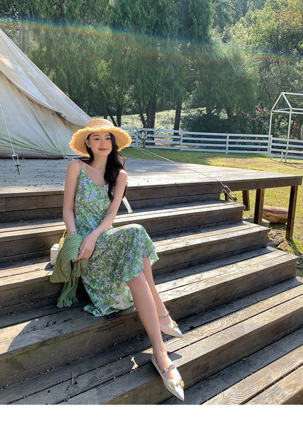Summer Women Fresh Green Floral Dye Printed High End V Neck Waist Strap Sling Long Skirt Sunlight Dress