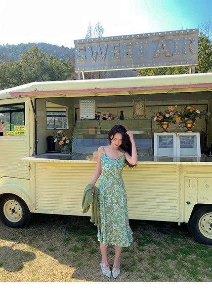 Summer Women Fresh Green Floral Dye Printed High End V Neck Waist Strap Sling Long Skirt Sunlight Dress