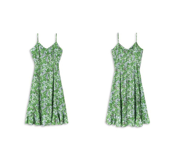 Summer Women Fresh Green Floral Dye Printed High End V Neck Waist Strap Sling Long Skirt Sunlight Dress