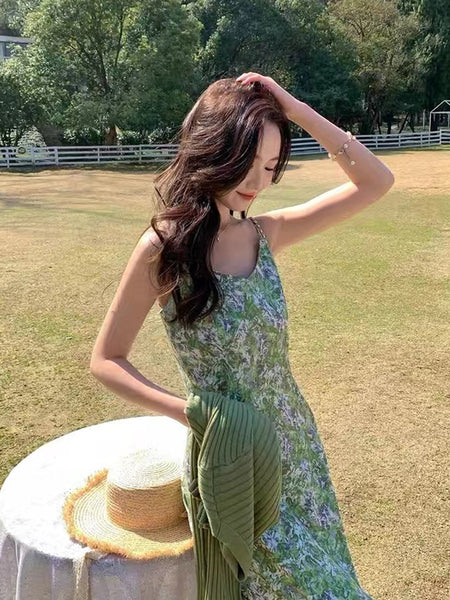 Summer Women Fresh Green Floral Dye Printed High End V Neck Waist Strap Sling Long Skirt Sunlight Dress