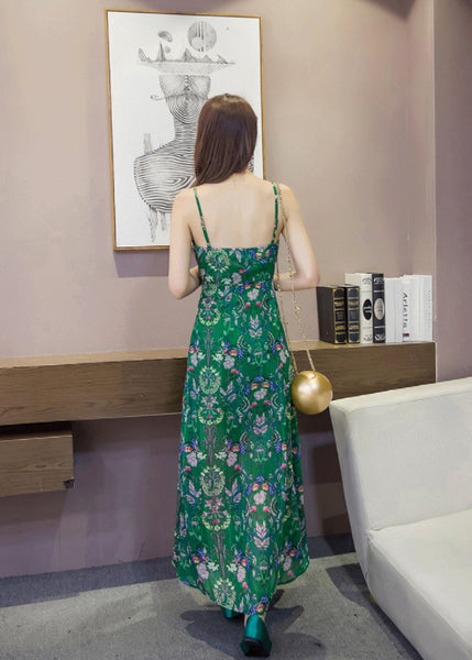 Perfect Look Summer Sexy Temperament Women Low Cut V Neck Shoulder Strap Side Slit Chiffon Dress Long Skirt