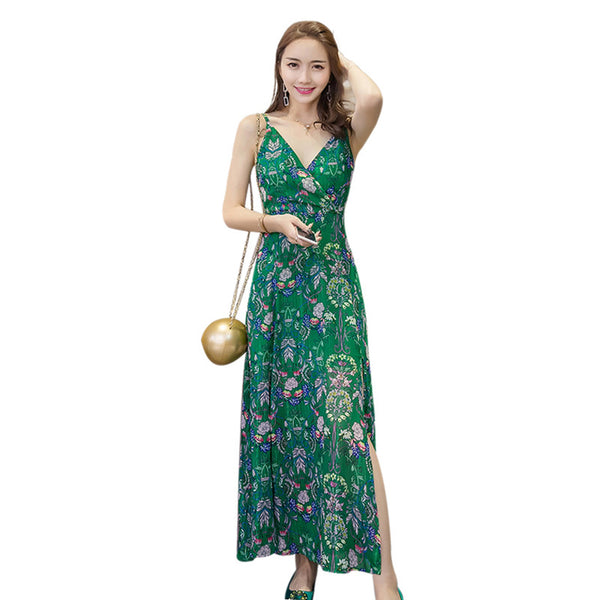 Perfect Look Summer Sexy Temperament Women Low Cut V Neck Shoulder Strap Side Slit Chiffon Dress Long Skirt