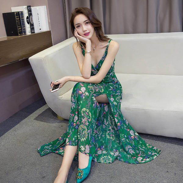 Perfect Look Summer Sexy Temperament Women Low Cut V Neck Shoulder Strap Side Slit Chiffon Dress Long Skirt