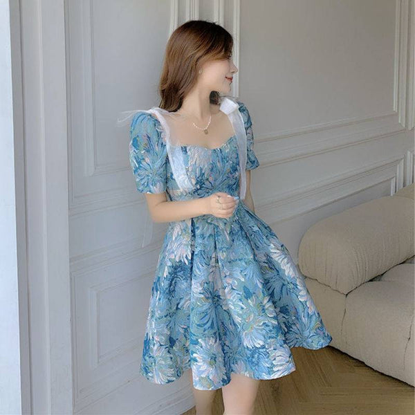 Beautiful Summer Women Blue Floral Luxury Oil Painting Pattern Temperament Waist Puffy Short Sleeves Dress