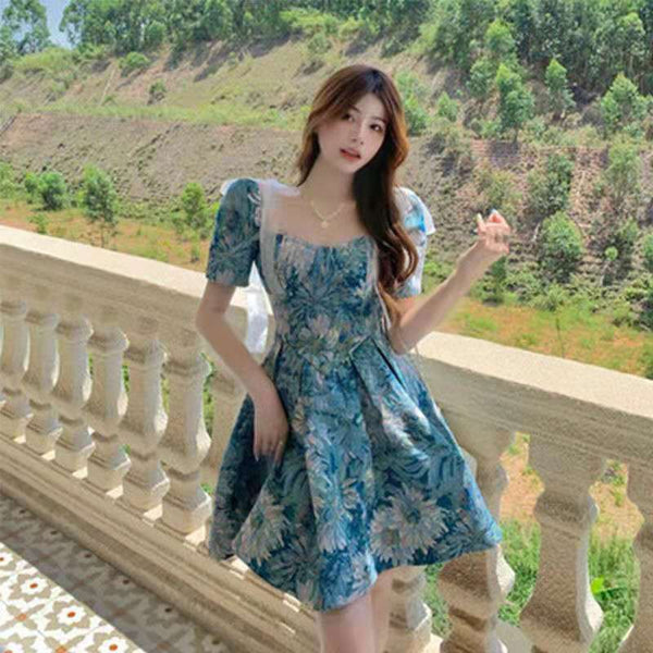 Beautiful Summer Women Blue Floral Luxury Oil Painting Pattern Temperament Waist Puffy Short Sleeves Dress