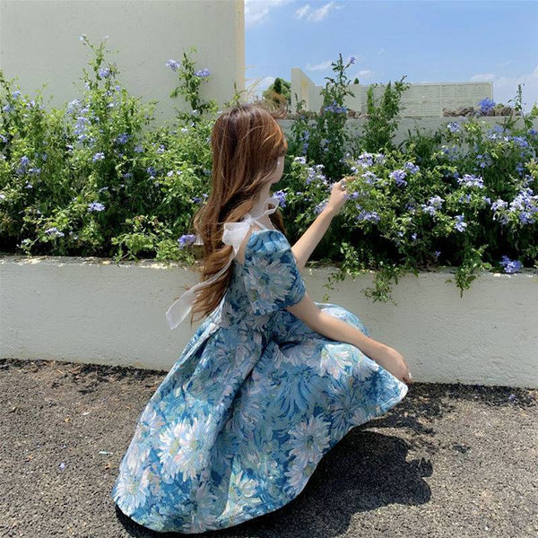 Beautiful Summer Women Blue Floral Luxury Oil Painting Pattern Temperament Waist Puffy Short Sleeves Dress