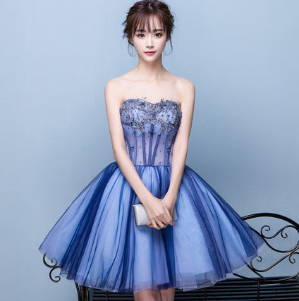 Gorgeous Banquet Elegant Sexy Ladies Royal Blue Tube Top Off Shoulder Floral Embroidered Noble Bridesmaid Dress