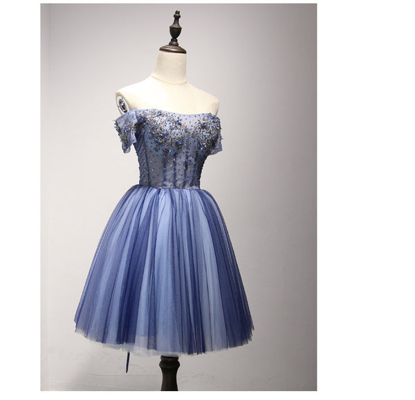 Gorgeous Banquet Elegant Sexy Ladies Royal Blue Short Sleeves Floral Embroidered Noble Bridesmaid Dress