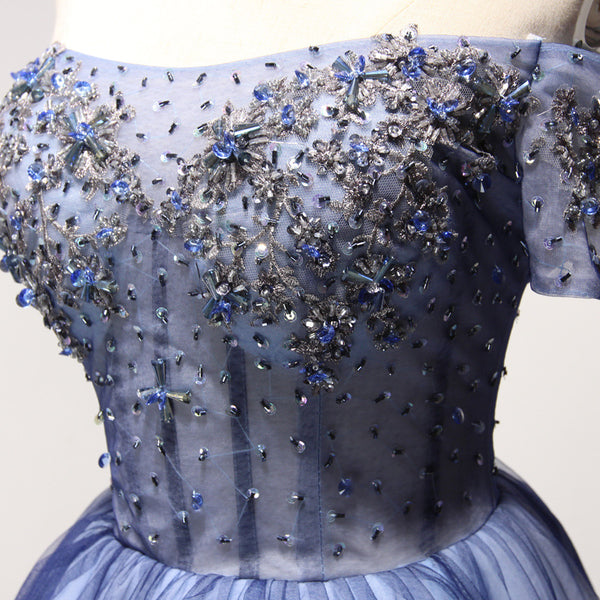 Gorgeous Banquet Elegant Sexy Ladies Royal Blue Short Sleeves Floral Embroidered Noble Bridesmaid Dress