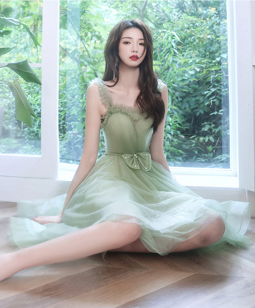 Sweat Chic Princess Women Fashion Green Puff Sleeve Bridesmaid Banquet Party Ball Prom Dress Gown