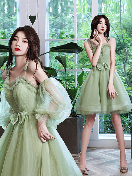 Sweat Chic Princess Women Fashion Green Puff Sleeve Bridesmaid Banquet Party Ball Prom Dress Gown