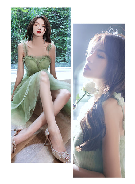 Sweat Chic Princess Women Fashion Green Puff Sleeve Bridesmaid Banquet Party Ball Prom Dress Gown