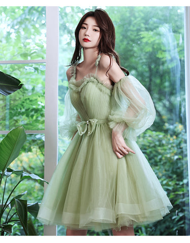 Sweat Chic Princess Women Fashion Green Puff Sleeve Bridesmaid Banquet Party Ball Prom Dress Gown