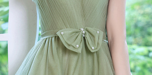 Sweat Chic Princess Women Fashion Green Puff Sleeve Bridesmaid Banquet Party Ball Prom Dress Gown