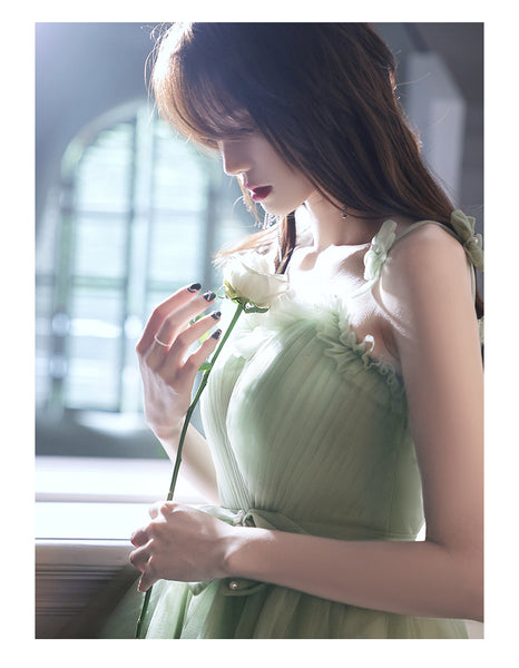 Sweat Chic Princess Women Fashion Green Puff Sleeve Bridesmaid Banquet Party Ball Prom Dress Gown