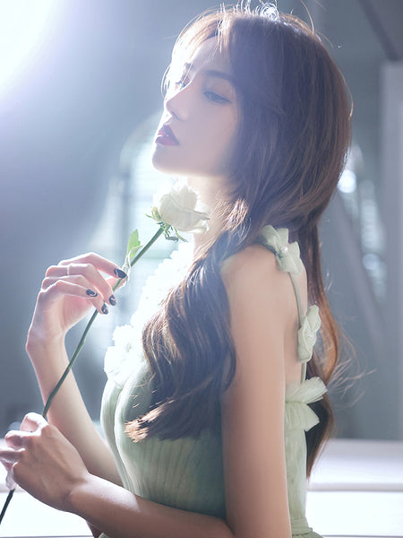 Sweat Chic Princess Women Fashion Green Puff Sleeve Bridesmaid Banquet Party Ball Prom Dress Gown