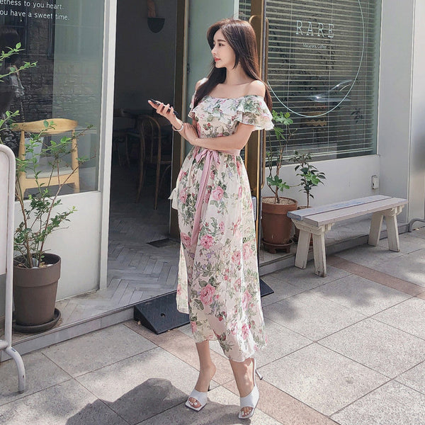 Women Summer Fashion Temperament Bohemian Pink Floral Printed Holiday Style Pleated Off Shoulder Chiffon Dress