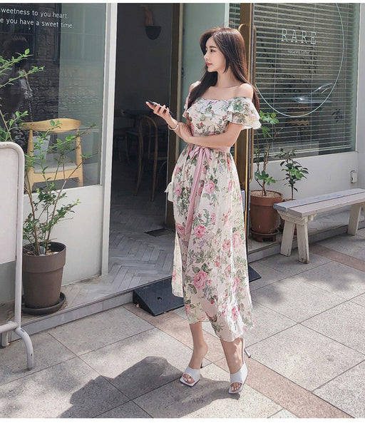 Women Summer Fashion Temperament Bohemian Pink Floral Printed Holiday Style Pleated Off Shoulder Chiffon Dress