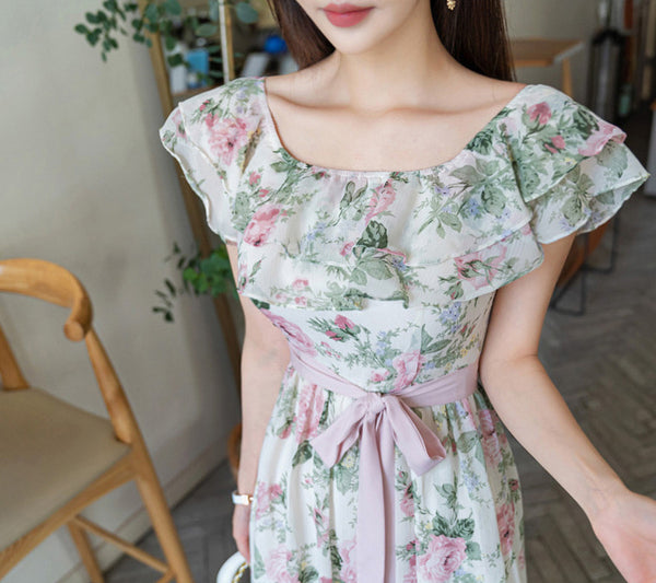 Women Summer Fashion Temperament Bohemian Pink Floral Printed Holiday Style Pleated Off Shoulder Chiffon Dress