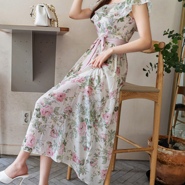 Women Summer Fashion Temperament Bohemian Pink Floral Printed Holiday Style Pleated Off Shoulder Chiffon Dress