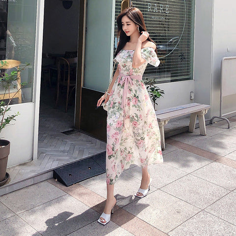Women Summer Fashion Temperament Bohemian Pink Floral Printed Holiday Style Pleated Off Shoulder Chiffon Dress