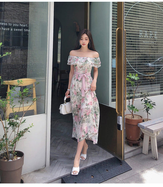 Women Summer Fashion Temperament Bohemian Pink Floral Printed Holiday Style Pleated Off Shoulder Chiffon Dress