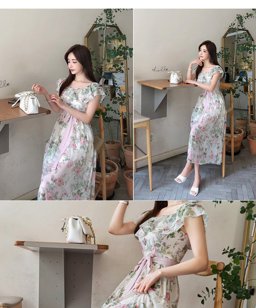 Women Summer Fashion Temperament Bohemian Pink Floral Printed Holiday Style Pleated Off Shoulder Chiffon Dress