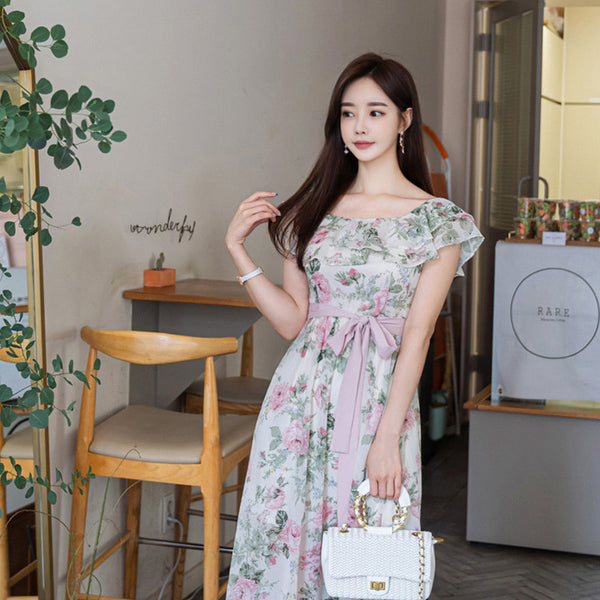 Women Summer Fashion Temperament Bohemian Pink Floral Printed Holiday Style Pleated Off Shoulder Chiffon Dress