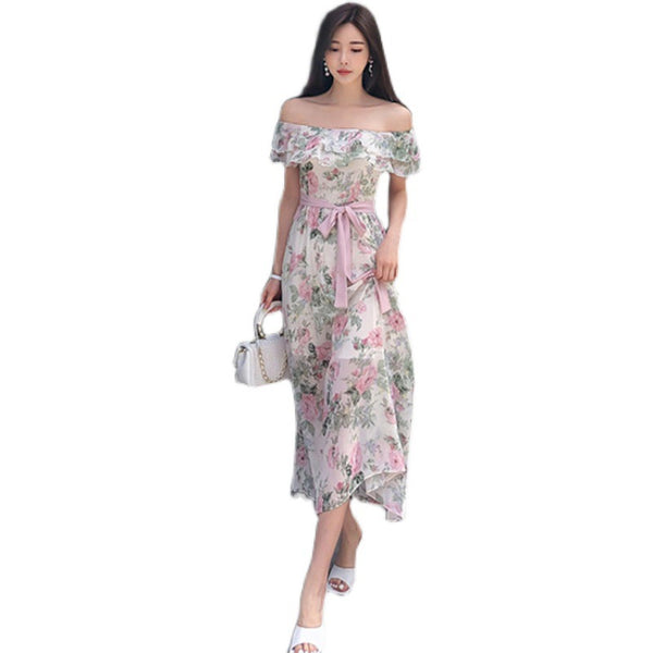 Women Summer Fashion Temperament Bohemian Pink Floral Printed Holiday Style Pleated Off Shoulder Chiffon Dress