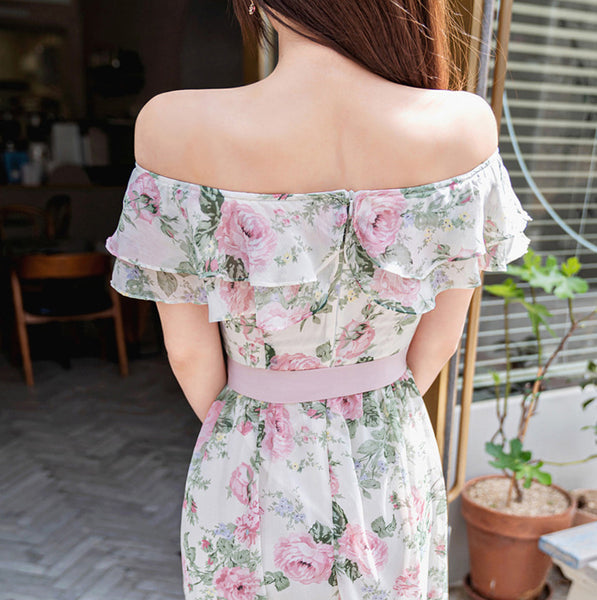 Women Summer Fashion Temperament Bohemian Pink Floral Printed Holiday Style Pleated Off Shoulder Chiffon Dress