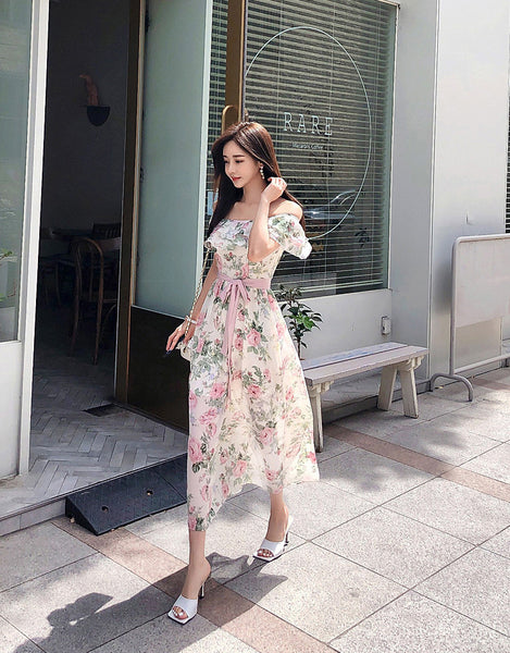 Women Summer Fashion Temperament Bohemian Pink Floral Printed Holiday Style Pleated Off Shoulder Chiffon Dress