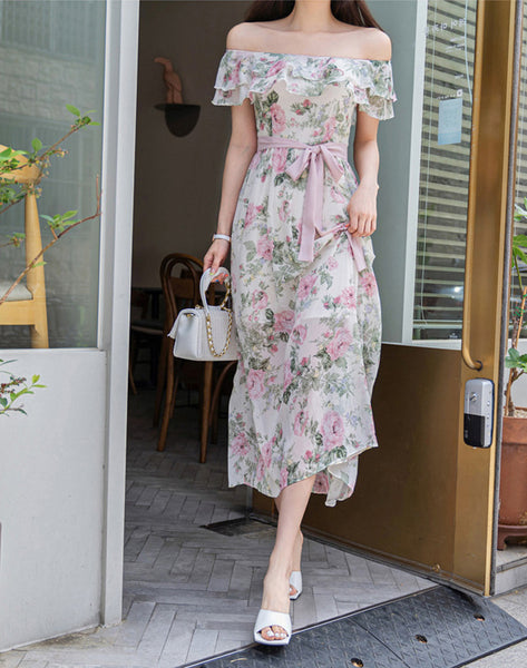 Women Summer Fashion Temperament Bohemian Pink Floral Printed Holiday Style Pleated Off Shoulder Chiffon Dress