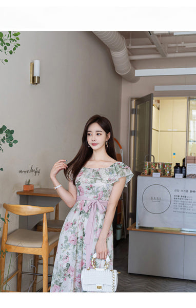 Women Summer Fashion Temperament Bohemian Pink Floral Printed Holiday Style Pleated Off Shoulder Chiffon Dress