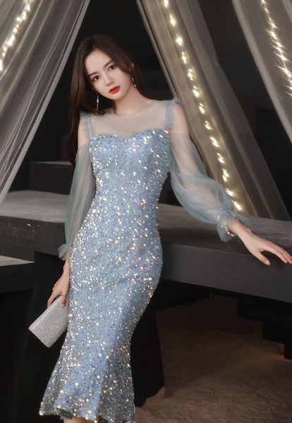 Evening Trendy Temperament Women Banquet Luxury Blue Long Mesh Sleeves Ball Party Fishtail Dress
