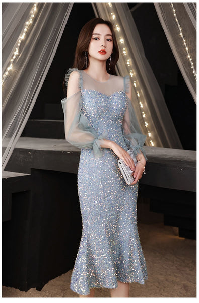 Evening Trendy Temperament Women Banquet Luxury Blue Long Mesh Sleeves Ball Party Fishtail Dress