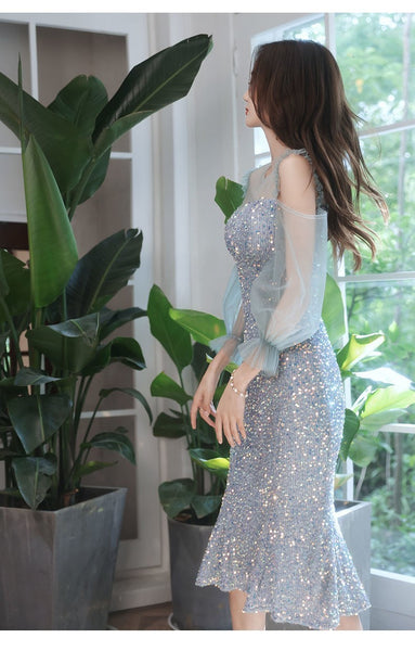 Evening Trendy Temperament Women Banquet Luxury Blue Long Mesh Sleeves Ball Party Fishtail Dress