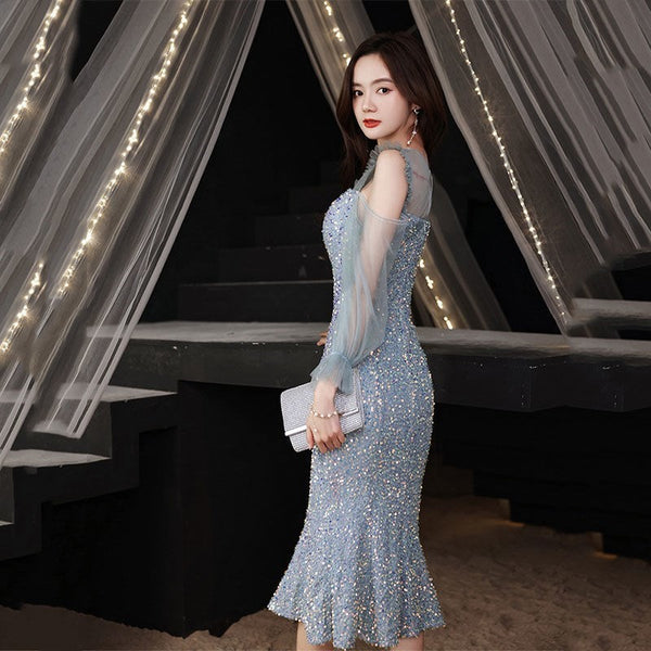 Evening Trendy Temperament Women Banquet Luxury Blue Long Mesh Sleeves Ball Party Fishtail Dress