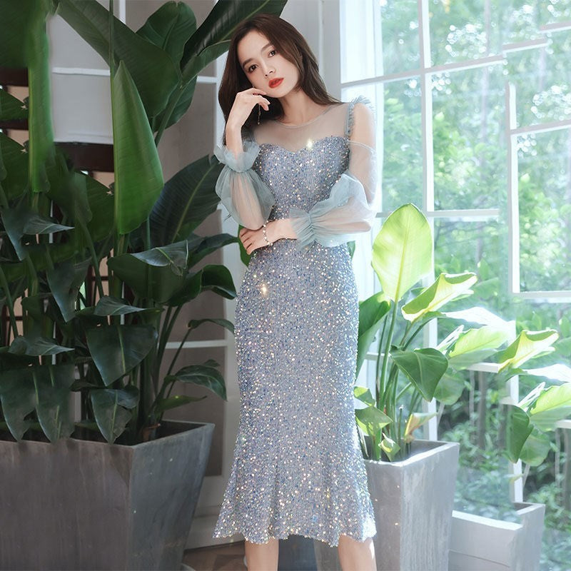 Evening Trendy Temperament Women Banquet Luxury Blue Long Mesh Sleeves Ball Party Fishtail Dress