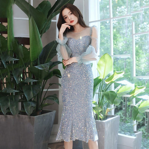 Evening Trendy Temperament Women Banquet Luxury Blue Long Mesh Sleeves Ball Party Fishtail Dress