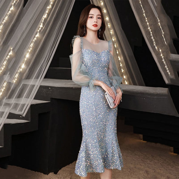 Evening Trendy Temperament Women Banquet Luxury Blue Long Mesh Sleeves Ball Party Fishtail Dress