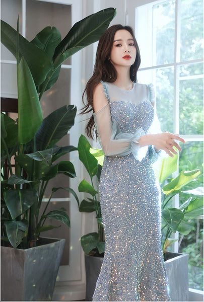 Evening Trendy Temperament Women Banquet Luxury Blue Long Mesh Sleeves Ball Party Fishtail Dress