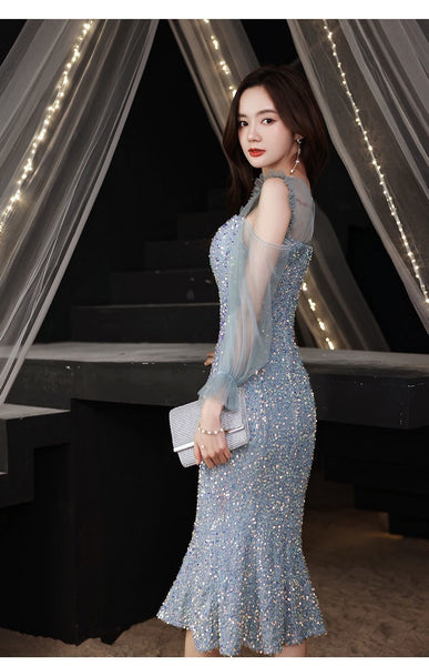 Evening Trendy Temperament Women Banquet Luxury Blue Long Mesh Sleeves Ball Party Fishtail Dress