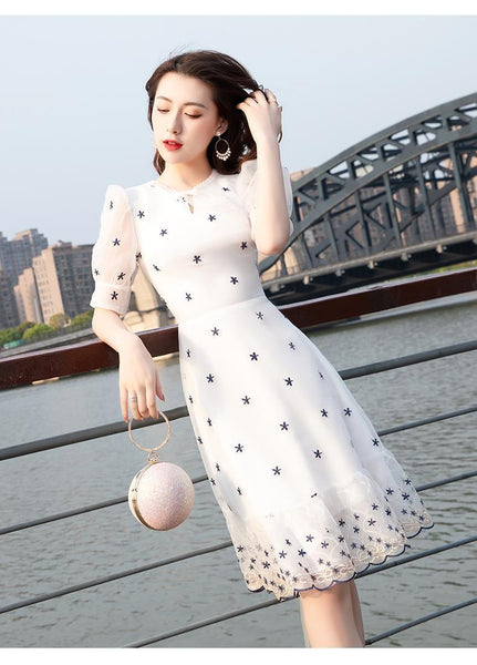 Summer Lovely Women Temperament Round Neck Lace Hem High Waist White Short Sleeves Knee Length Dress