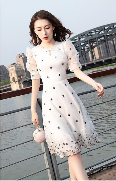 Summer Lovely Women Temperament Round Neck Lace Hem High Waist White Short Sleeves Knee Length Dress
