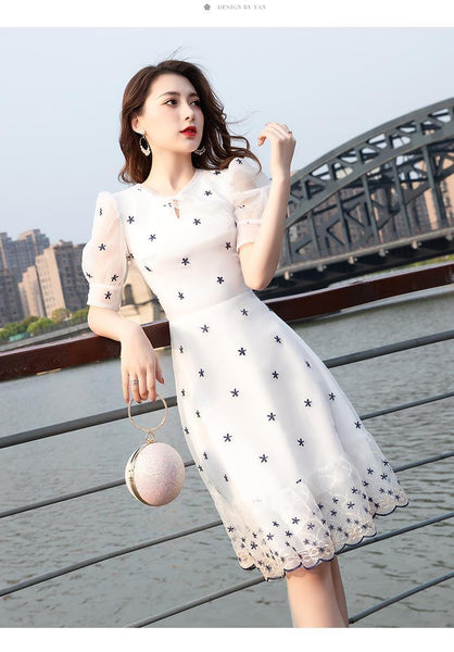 Summer Lovely Women Temperament Round Neck Lace Hem High Waist White Short Sleeves Knee Length Dress
