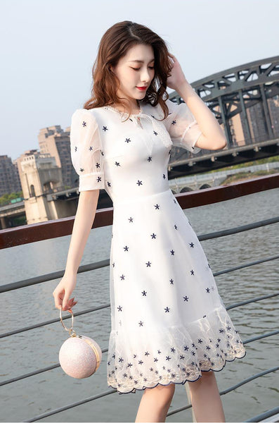 Summer Lovely Women Temperament Round Neck Lace Hem High Waist White Short Sleeves Knee Length Dress