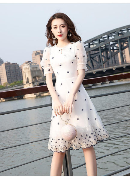 Summer Lovely Women Temperament Round Neck Lace Hem High Waist White Short Sleeves Knee Length Dress