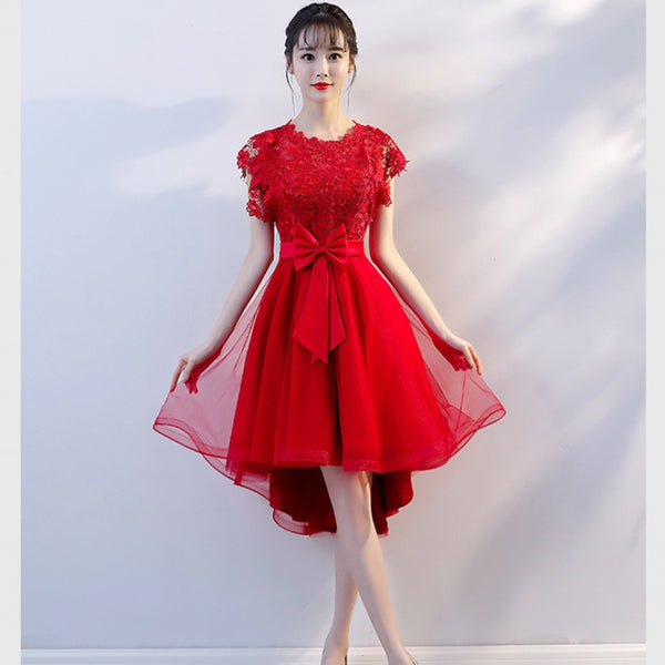 Cozy Evening Women Waist Stitching Mesh Mid Length Irregular Front Bow Tutu Bridesmaid Cocktail Lace Dress